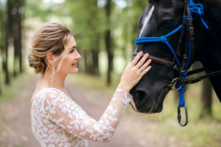 Beautiful bride in a white wedding dress stroking a horse, portrait of a blonde woman with a black stallion, wedding dayの写真素材