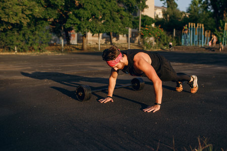Male athlete doing push-ups outdoors, bodyweight athlete training