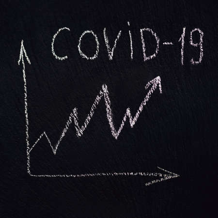Covid 19 and a graph of the increasing coronavirus epidemic drawn in chalk on a rough black board or...