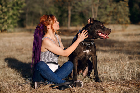 An informal redhead woman with pigtails walks a black pit bullの写真素材