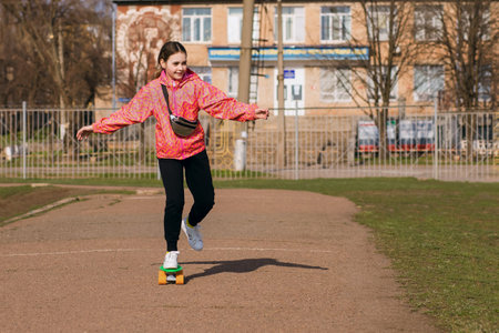 Happy smiling teenage girl in bright clothes ride a skateboard or penny board in the parkの写真素材