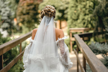 Bride in a white wedding dress and veil with a beautiful hairstyle back view. Cute blonde bride walking on a wooden bridge on a background of treesの写真素材