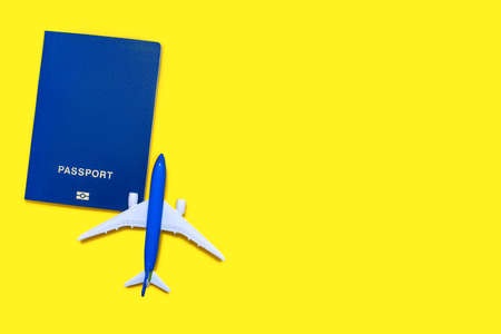 Biometric passport of a citizen with an airplane on a yellow background. International pass with personal information. Biometric passport for international flights and travel. Free space for textの写真素材