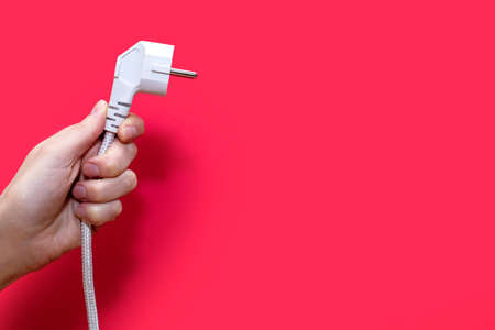 Electric plug for a socket on a red background. The concept of electricity and its importance in everyday life. Electric plug without socket. Free space for textの写真素材