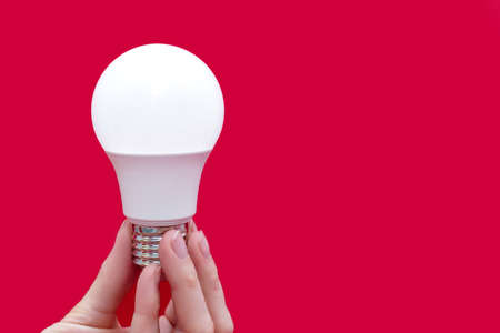 Energy saving light bulb in hand on a red background with free space for text. Saving energy in lighting devices. Electrical equipment and the evolution of light. Free space for text and adsの写真素材
