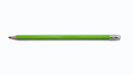 Classic green pencil with an eraser on a white background. The concept of creativity or stationery in the form of a pencil. Long green pencil for drawing or sketchingの写真素材