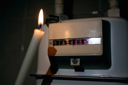 A man with a burning candle checks the gas meter. Gas crisis and lack of energy resources. Save energy and use candles instead of electricity. Checking home energy metersの写真素材