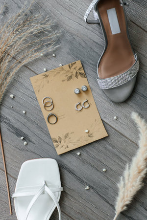 Shoes, rings and earrings of two women at an LGBT lesbian wedding. Beautiful wedding accessories of two brides at a lesbian wedding. Same-sex couple wedding and their beautiful bridal accessoriesの写真素材