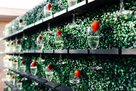 A beautiful stand with glasses of champagne garnished with strawberries against the backdrop of green bushes. Chic serving of alcoholic drinks during a party, decorated with strawberries side viewの写真素材