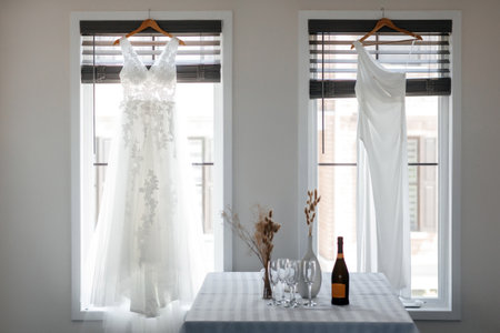 Two white wedding dresses in a room against the background of a window. Same-sex lesbian couple's wedding and two brides' dresses. LGBT wedding of two women and their wedding attire for marriageの写真素材