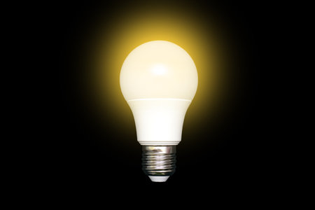 Glowing energy-saving light bulb on a black background in the center of the image. Saving energy and...
