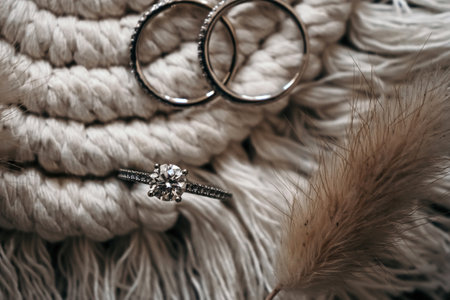 Wedding rings on a fabric background and decorated with a feather. Wedding accessories on the wedding day. Large diamond in the bride's wedding ringの写真素材