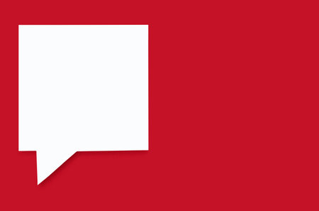Paper speech bubble in the shape of a square on a red isolated background. Flat white chat icon in...