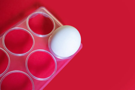 One white egg in a plastic container on a red background. The concept of food storage or easter. Last remaining egg or lack of food. Free space for textの写真素材