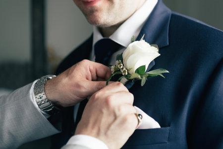 Close-up of a friend helping the groom put on a rose boutonniere. The groom prepares for the wedding ceremony and dresses in the hotel room. Help a friend of the groom. Rose boutonniere accessoryの写真素材