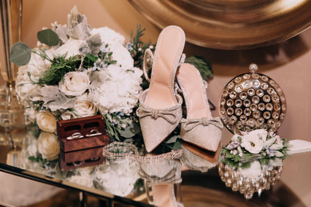 The bride's wedding accessory in the form of a bouquet, gold wedding rings and high-heeled shoes....