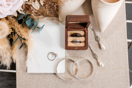 A pair of wedding rings in a wooden box among the bride's accessories close-up. The groom's black wedding ring and the bride's gemstone wedding ring in the center of the bride's jewelry and bouquetの写真素材