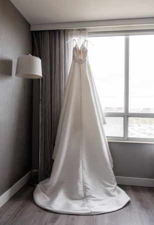 A beautiful long wedding dress on a hanger in front of the window. A satin white wedding dress with a long train and buttons hangs on a hanger in the room. Preparation of the bride on the wedding dayの写真素材