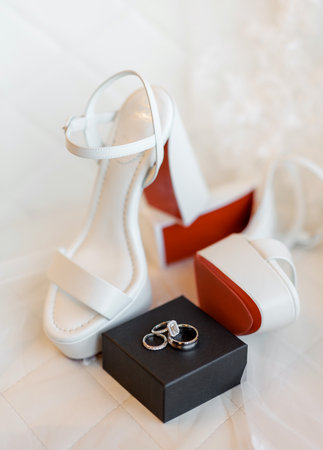 White gold wedding rings and an engagement ring lie on top of a black jewelry box close-up. Three wedding rings of the bride and groom on a black closed box and the bride's wedding shoes with red solesの写真素材