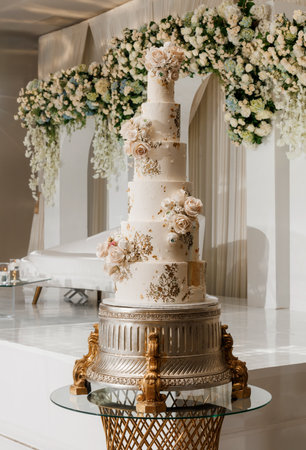 Luxurious large wedding cake decorated with roses and gold at a banquet. Beige cream wedding cake on a background of beautiful decorations of fresh white flower and a wedding scene for the newlywedsの写真素材