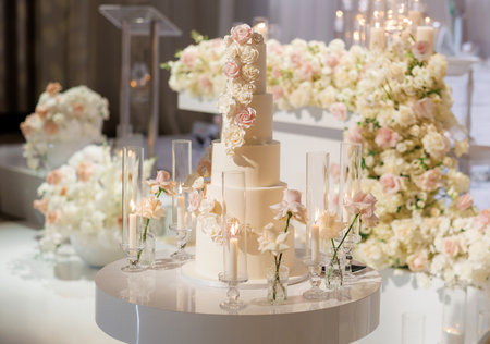 Wedding decorations with lush flower arrangements, burning candles and a white cake in the restaurant. Beautiful flower installation and lit candles create a romantic atmosphere at the weddingの写真素材