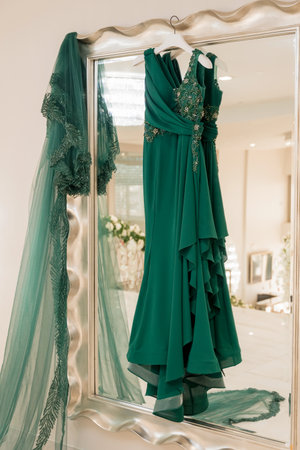 A long dark green chiffon women's evening dress hangs on a hanger by the mirror. A women's festive dress decorated with embroidered beads hangs in a room, prepared to be worn at a party or banquet.の写真素材