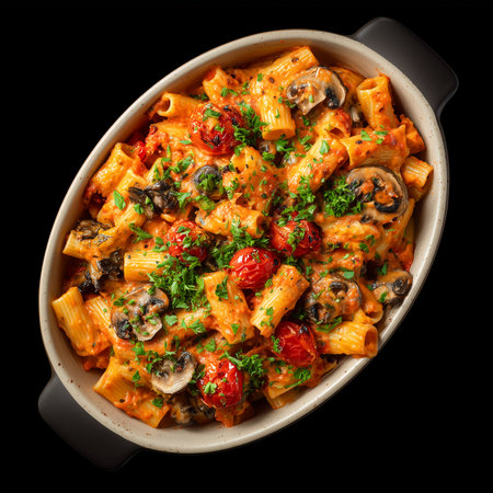 Baked rigatoni pasta with cherry tomatoes and mushrooms garnished with herbs in a white dish, presented on a black background for visual contrastの素材