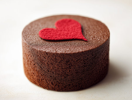Round chocolate cake features a red heart decoration on top, set against a light surface, highlighting its smooth texture and appealing designの素材