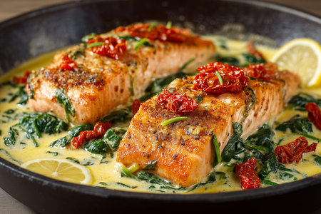 Grilled salmon fillets are placed in a creamy spinach sauce with sun-dried tomatoes and lemon slices in a black frying pan on a wooden tableの素材