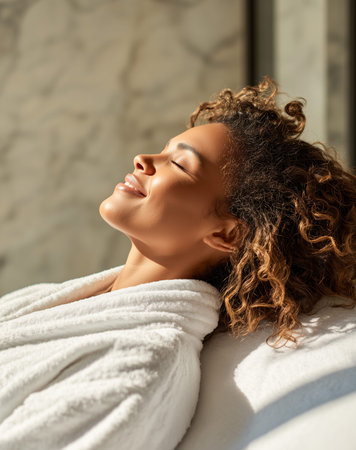 Young woman with curly hair in a white bathrobe relaxes in a bright room with marble walls, enjoying a peaceful moment of self-care and relaxationの素材