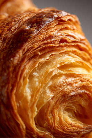 Close-up image of a croissant displaying its flaky layers and golden-brown surface, emphasizing the intricate texture of the baked pastryの素材