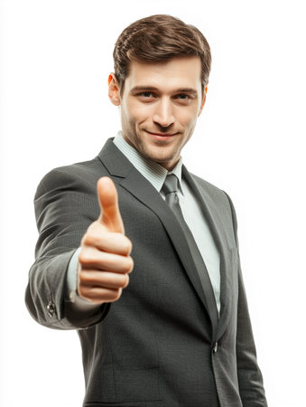 Businessman in a gray suit shows a thumbs-up gesture while smiling, with a plain white background enhancing the focus on his expressionの素材