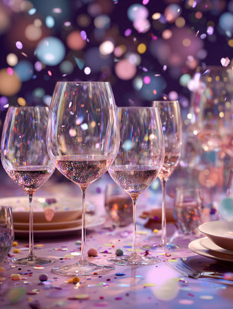 Elegant table arrangement featuring sparkling wine glasses and colorful confetti, ideal for celebrations and festive gatherings with plates and cutlery visibleの素材