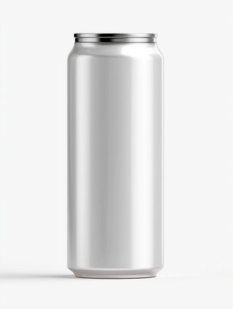 Blank aluminum can with a reflective silver finish, standing upright on a white background, ideal for product mockup and branding applicationsの素材