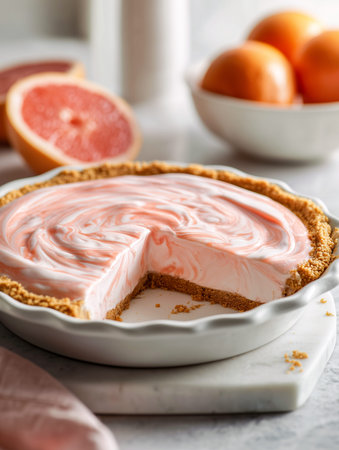 Cream pie with pink and white swirled filling in a graham cracker crust, partially sliced, with fresh citrus fruits in the background on a marble surfaceの素材