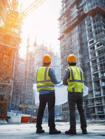Two male construction workers in safety gear review blueprints at a construction site, surrounded by cranes and scaffolding under bright daylightの素材