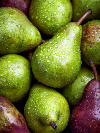 Close-up of fresh green and red pears with visible water droplets, highlighting their smooth texture and vibrant colors in a natural arrangementの素材