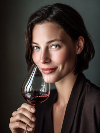 Young woman with short brown hair enjoys a glass of red wine, smiling gently while posing against a softly blurred dark backgroundの素材