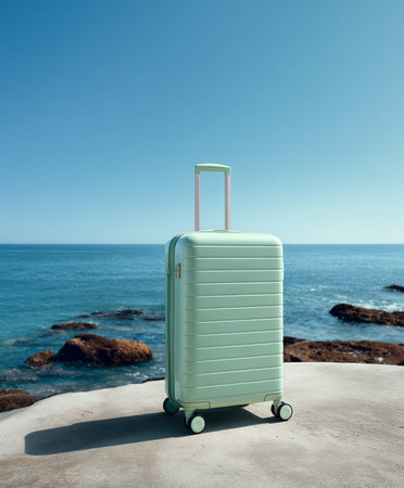 Light green suitcase with a retractable handle stands on a rocky surface by the ocean, with clear blue water and sky in the backgroundの素材