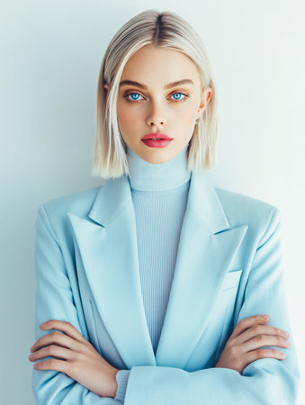 Female model with blonde hair poses confidently in a light blue blazer and turtleneck, arms crossed against a plain white backgroundの素材