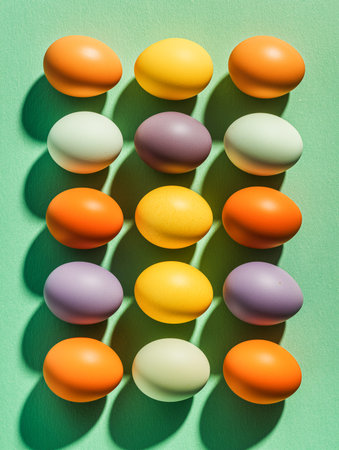 A vibrant flat lay of colored Easter eggs arranged in a grid pattern on a green background, with strong shadows and a matte finishの素材