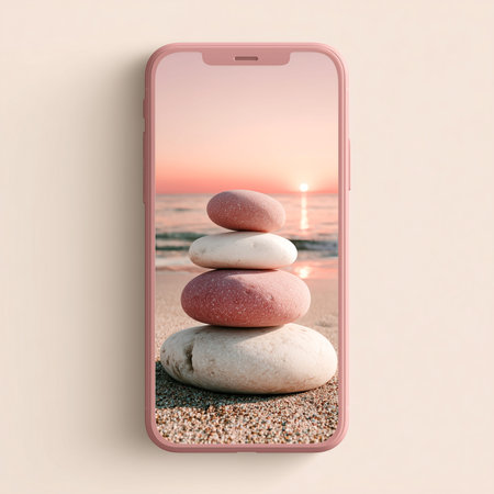 Smartphone mockup with stacked zen stones on beach at sunset displayed on screen, minimal pastel design, wellness concept, mindfulness, balance, relaxation backgroundの素材