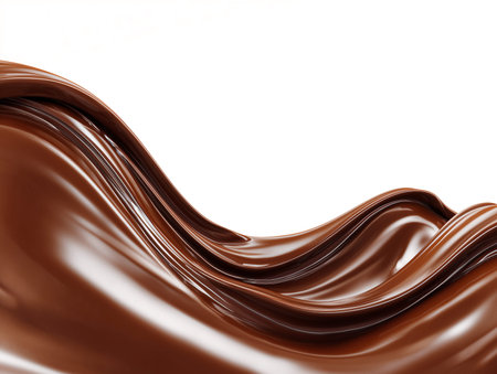 Flowing chocolate liquid forms smooth waves against a white background, highlighting its rich texture and glossy appearance in a culinary settingの素材
