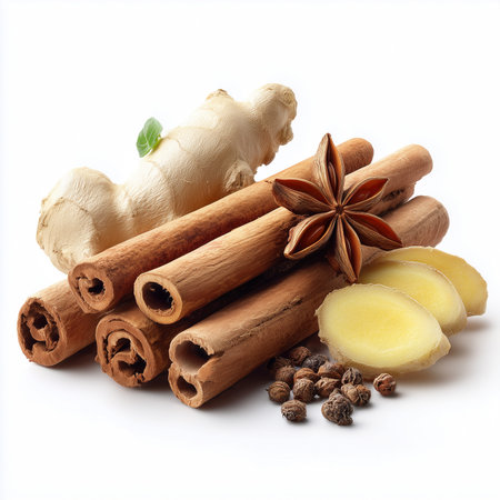 Fresh ginger root, cinnamon sticks, star anise, and nutmeg displayed on a white background, highlighting essential spices for culinary useの素材
