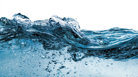 Blue water wave with bubbles and splashes against a white background, highlighting the fluid movement and clarity of the liquid in a high-resolution captureの素材