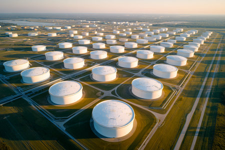 Aerial perspective of numerous white oil storage tanks on green fields, with a grid layout and distant industrial facilities under a clear skyの素材