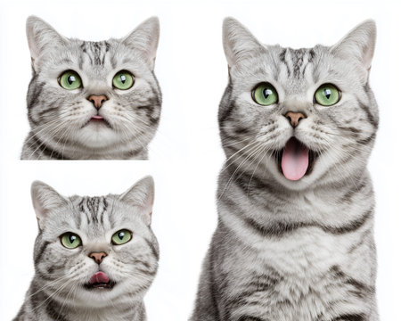 Three distinct close-up images of a silver tabby cat showing different facial expressions, featuring bright green eyes and a white backgroundの素材