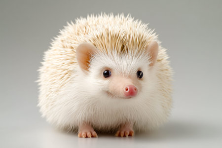 Hedgehog with white fur and soft quills sits on a smooth surface, displaying small ears and round eyes in a bright, neutral settingの素材