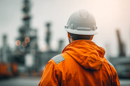 Male worker in orange jacket and hard hat looks towards oil refinery, with blurred industrial machinery and structures in the backgroundの素材