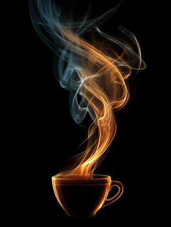 Abstract image of a cup emitting colorful steam in orange and blue hues, set against a dark background, emphasizing the fluid movement of the smokeの素材
